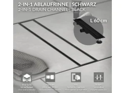 LuxeBath Duschrinne 60 cm 2in1 Befliesbar Extra Flach Edelstahl Schwarz