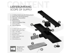 LuxeBath Duschrinne 80 cm 2in1 Befliesbar Extra Flach Edelstahl Schwarz