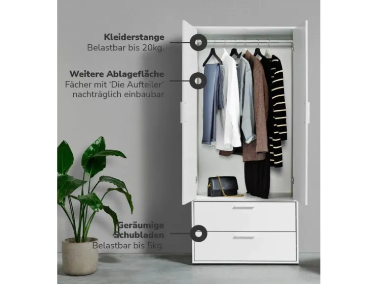 mokebo Kleiderschrank Der Kleiderheld 2 türig und mit zwei durchlaufenden Schubladen