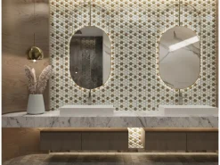 Mosaikmatte Ebru Hexagon Glas Weiß Gold 29 cm x 29 cm