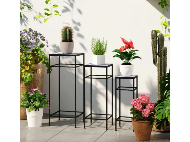 Outsunny Blumenständer-Set Metall Fliesen Blau 28L x 28B x 71H cm