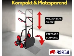 PROREGAL Klappbarer Profi-Treppensteiger TAURUS 250 HxBxT 115 x 52 x 63 cm Traglast 250 kg Stahlrahmen Ergonomische Griffe TPR-Gummiräder Rot-Schwarz