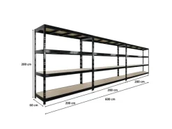 PROREGAL Mega Deal 3x Profi Schwerlastregal Rhino HxBxT 200x200x60cm 4 Spanplatten-Ebenen 16mm Fachlast 500kg Schwarz