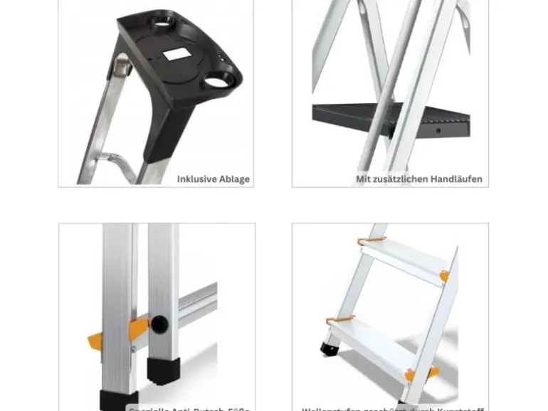 PROREGAL Stufenstehleiter mit Werkzeugablage & Handlauf Economy Basic Einseitig Begehbar 6 Stufen Arbeitshöhe 3,19 m Traglast 150 kg