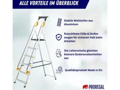 PROREGAL Stufenstehleiter mit Werkzeugablage & Handlauf Economy Basic Einseitig Begehbar 6 Stufen Arbeitshöhe 3,19 m Traglast 150 kg