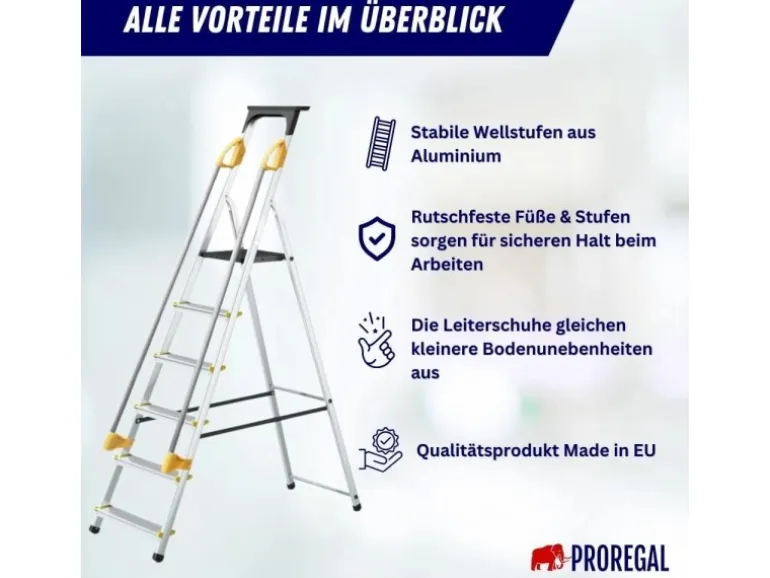 PROREGAL Stufenstehleiter mit Werkzeugablage & Handlauf Economy Basic Einseitig Begehbar 6 Stufen Arbeitshöhe 3,19 m Traglast 150 kg