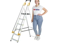 PROREGAL Stufenstehleiter mit Werkzeugablage & Handlauf Economy Basic Einseitig Begehbar 6 Stufen Arbeitshöhe 3,19 m Traglast 150 kg