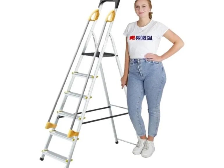 PROREGAL Stufenstehleiter mit Werkzeugablage & Handlauf Economy Basic Einseitig Begehbar 6 Stufen Arbeitshöhe 3,19 m Traglast 150 kg