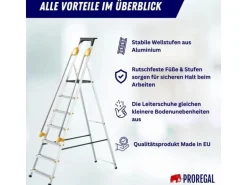 PROREGAL Stufenstehleiter mit Werkzeugablage & Handlauf Economy Basic Einseitig Begehbar 7 Stufen Arbeitshöhe 3,40 m Traglast 150 kg