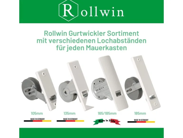 Rollwin Rolladen Gurtwickler Unterputz 165mm bis 185mm Lochabstand Anpassbar Für Mauerkasten Mit Gurtwickler Blende zum Clippen Weiß Ohne Gurt