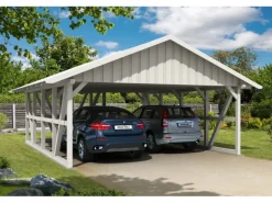Skan Holz Carport Schwarzwald m. Dachschalung u. Abstellr. A 684 x 772 cm Weiß