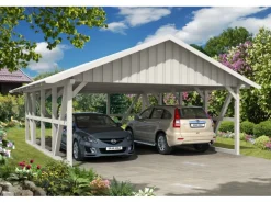 Skan Holz Carport Schwarzwald m. Dachschalung u. Rückwand 684 x 772 cm Weiß