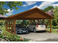 Skan Holz Carport Schwarzwald m. Dachschalung u. Rückwand 684 x 772 cm Nuss