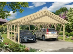 Skan Holz Carport Schwarzwald m. Dachlattung u. Rückwand 684 x 772 cm Natur