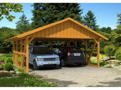 Skan Holz Carport Schwarzwald m. Dachschalung u. Rückwand 684 x 600 cm Eiche