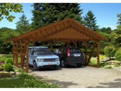 Skan Holz Carport Schwarzwald m. Dachlattung u. Rückwand 684 x 600 cm Nuss