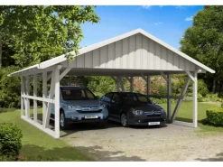Skan Holz Carport Schwarzwald mit Dachschalung 684 x 772 cm Weiß