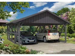 Skan Holz Carport Schwarzwald m. Dachschalung u. Rückwand 684 x 772 cm Grau