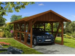 Skan Holz Carport Schwarzwald m. Dachschalung u. Abstellr. 424 x 772 cm Nuss