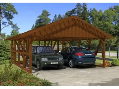 Skan Holz Carport Schwarzwald m. Dachlattung u. Abstellr. B 684 x 772 cm Nuss