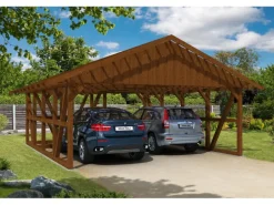 Skan Holz Carport Schwarzwald m. Dachlattung u. Abstellr. A 684 x 772 cm Nuss