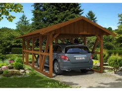 Skan Holz Carport Schwarzwald m. Dachschalung u. Rückwand 424 x 772 cm Nuss