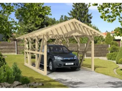 Skan Holz Carport Schwarzwald mit Dachlattung u. Rückwand 424 x 600 cm Natur
