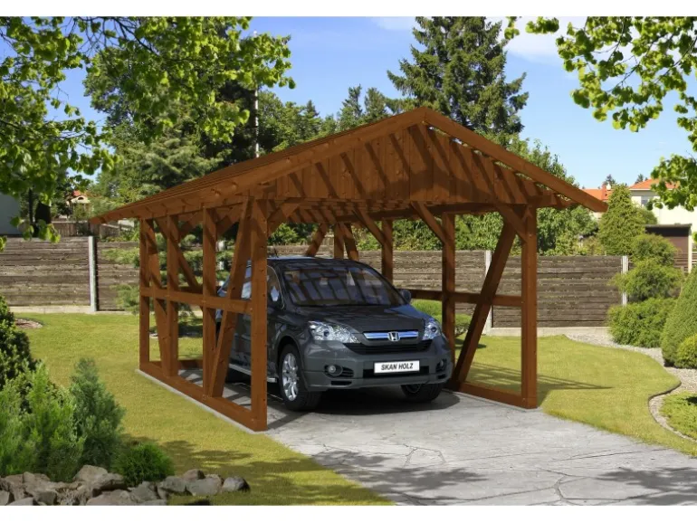 Skan Holz Carport Schwarzwald m. Dachlattung u. Rückwand 424 x 600 cm Nuss