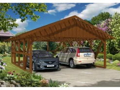 Skan Holz Carport Schwarzwald m. Dachlattung u. Rückwand 684 x 772 cm Nuss