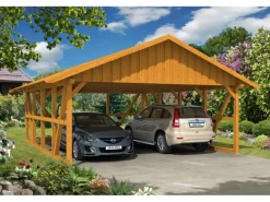 Skan Holz Carport Schwarzwald m. Dachschalung u. Rückwand 684 x 772 cm Eiche