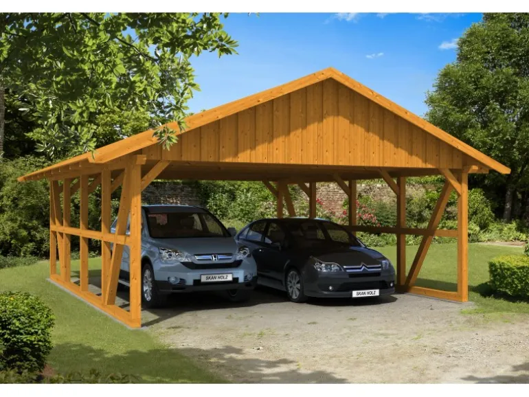 Skan Holz Carport Schwarzwald mit Dachschalung 684 x 772 cm Eiche