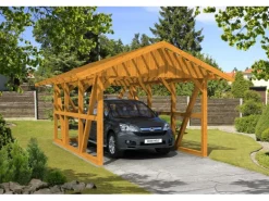 Skan Holz Carport Schwarzwald m. Dachlattung u. Rückwand 424 x 600 cm Eiche