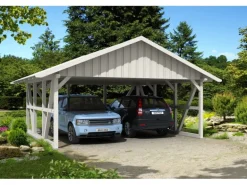 Skan Holz Carport Schwarzwald m. Dachschalung u. Rückwand 684 x 600 cm Weiß