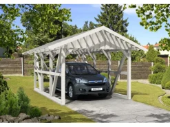 Skan Holz Carport Schwarzwald m. Dachlattung u. Rückwand 424 x 600 cm Weiß