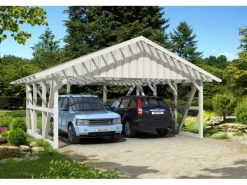 Skan Holz Carport Schwarzwald m. Dachlattung u. Rückwand 684 x 600 cm Weiß