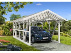 Skan Holz Carport Schwarzwald m. Dachlattung u. Abstellr. 424 x 772 cm Weiß