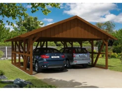 Skan Holz Carport Schwarzwald m. Dachschalung u. Abstellr. A 684 x 772 cm Nuss