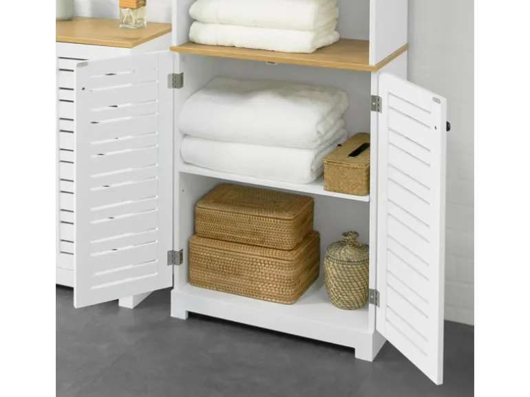 SoBuy Badezimmerschrank mit 3 Fächern und 2 Türen MDF Weiß BZR44-W