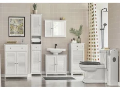 SoBuy Badezimmerschrank Sideboard mit Schublade und Lamellentüren 60x87x35cm Weiß FRG238-W