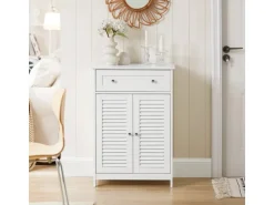 SoBuy Badezimmerschrank Sideboard mit Schublade und Lamellentüren 60x87x35cm Weiß FRG238-W