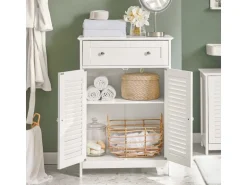 SoBuy Badezimmerschrank Sideboard mit Schublade und Lamellentüren 60x87x35cm Weiß FRG238-W