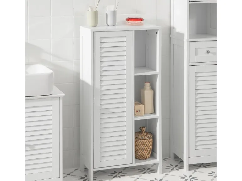SoBuy Badkommode Hochschrank mit Lamellentür Kommode Badezimmerschrank BZR39-W