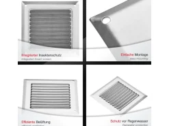 SOTECH Aluminium-Lüftungsgitter 140 x 140 mm Edelstahloptik Aufschraubbar mit Insektenschutz