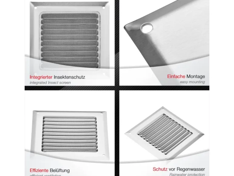 SOTECH Aluminium-Lüftungsgitter 140 x 140 mm Edelstahloptik Aufschraubbar mit Insektenschutz