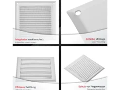 SOTECH Aluminium-Lüftungsgitter 190 x 190 mm Weiß Aufschraubbar mit Insektenschutz