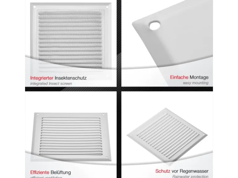 SOTECH Aluminium-Lüftungsgitter 190 x 190 mm Weiß Aufschraubbar mit Insektenschutz