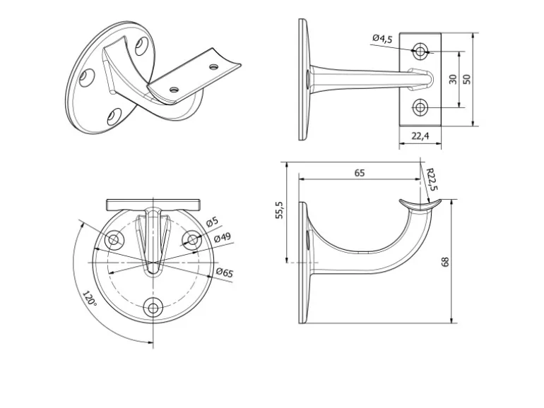 SOTECH Handlaufhalter COMPACT Silber Höhe 68 mm Ausladung 65 mm für Handläufe mit Ø 45 mm