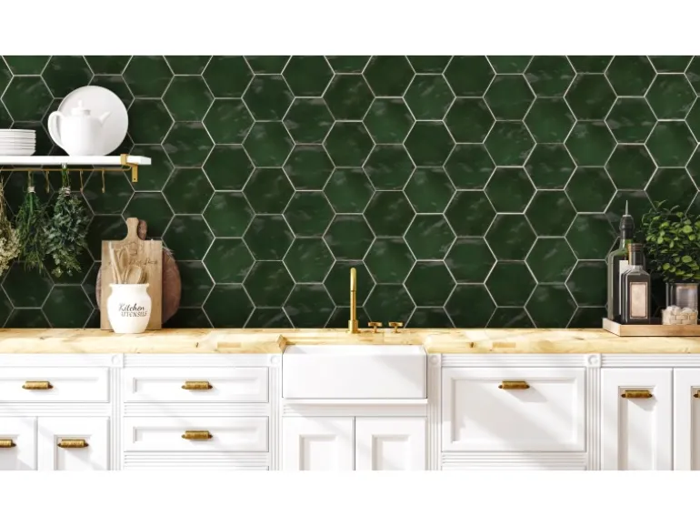 Wandfliese Antik Hexagon Steingut Moos Glasiert Glänzend 15 cm x 17,5 cm