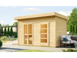 Weka Saunahaus Farsund Vorraum bodentiefem Fenster Natur