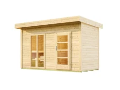 Weka Saunahaus Farsund Vorraum bodentiefem Fenster Natur